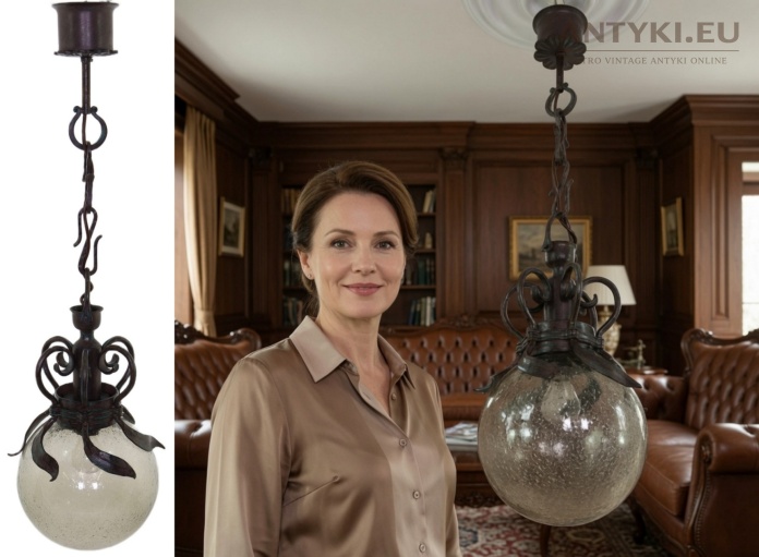 Masywna lampa sufitowa z kutego metalu i bursztynowego szkła vintage